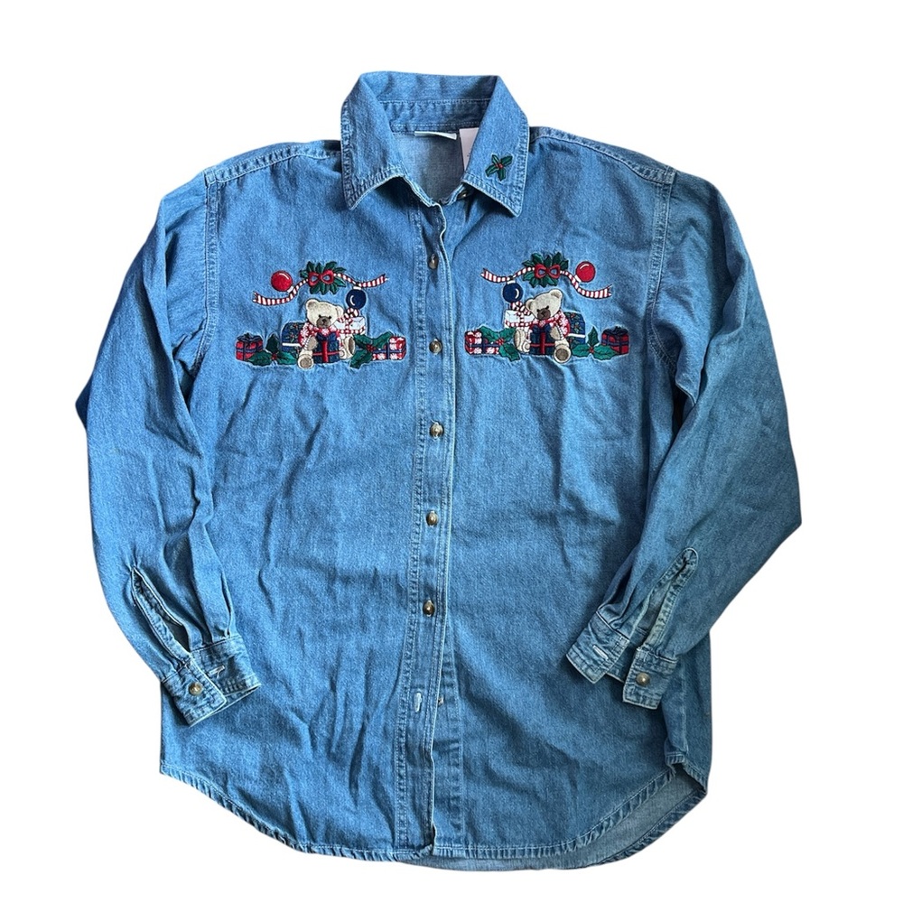 Bobbie Brooks Blue Denim Button Down Shirt with Teddy Bear Christmas Embroidery